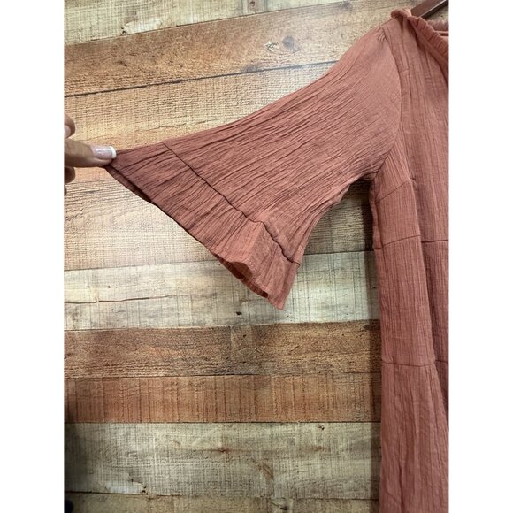 Naif Rust Orange Textured Tiered Mini Dress With Tassel Tie Neck & 3/4 Sleeves L - Picture 5 of 8